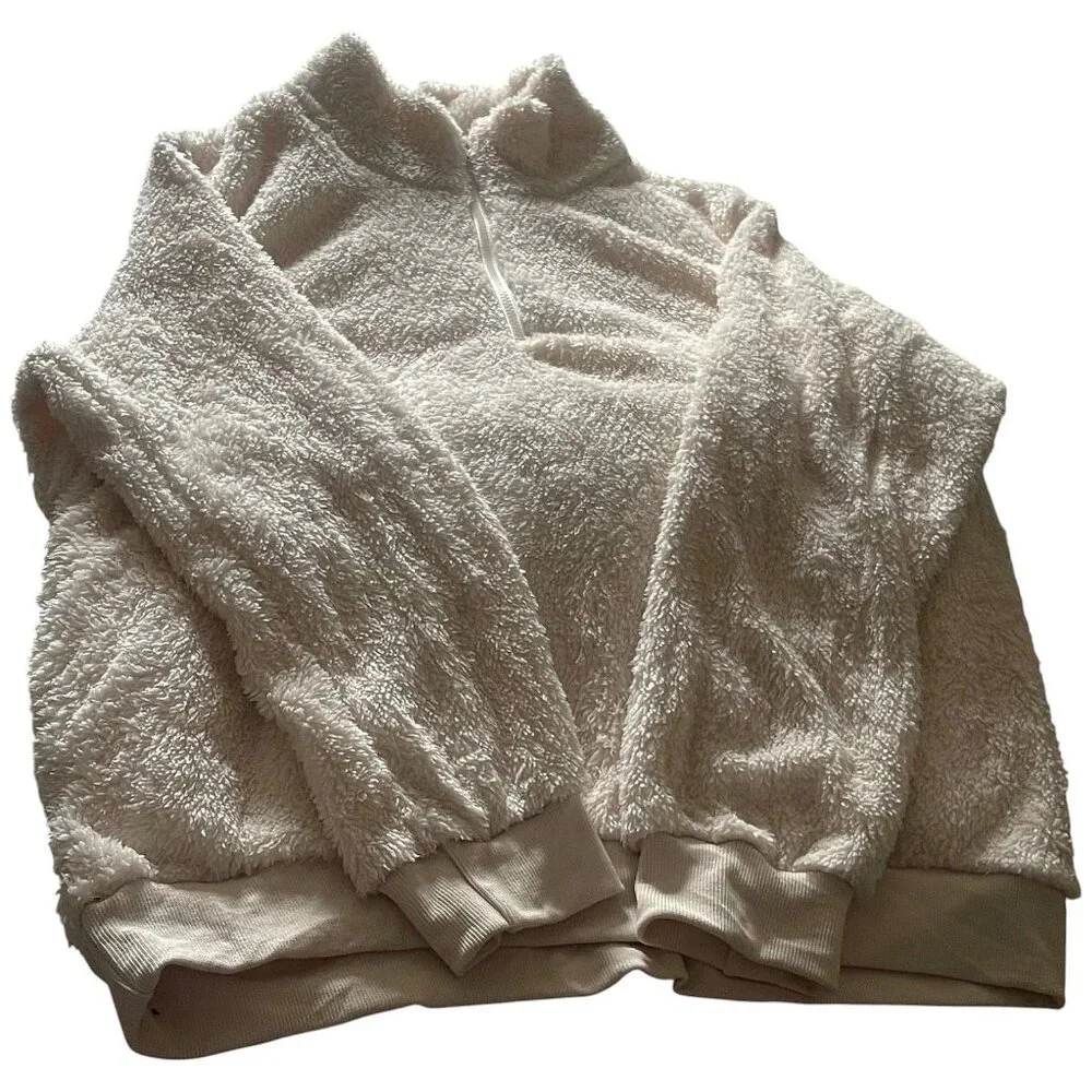Cream Minky Plush Teddy Quarter Zip Lightweight Pullover – Super Soft Size XL - Picture 6 of 6